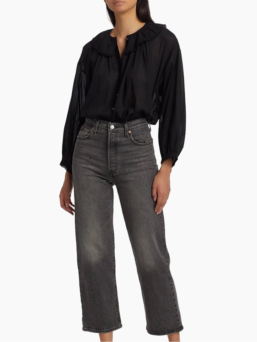 Doen Black Organic Cotton Lace Trim Collar Semi-Sheer Long Wide Sleeve Blouse